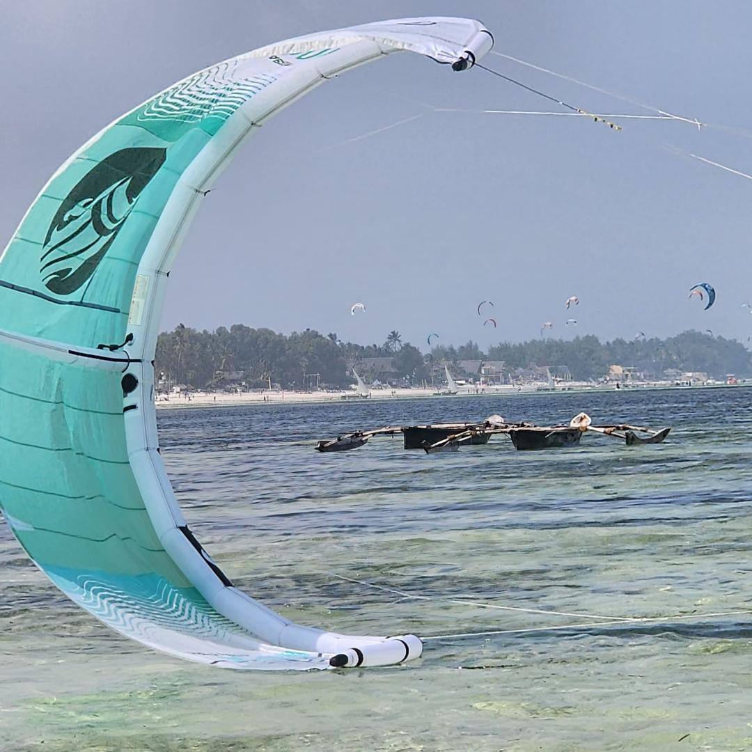 A wingfoil wing ready on the beach